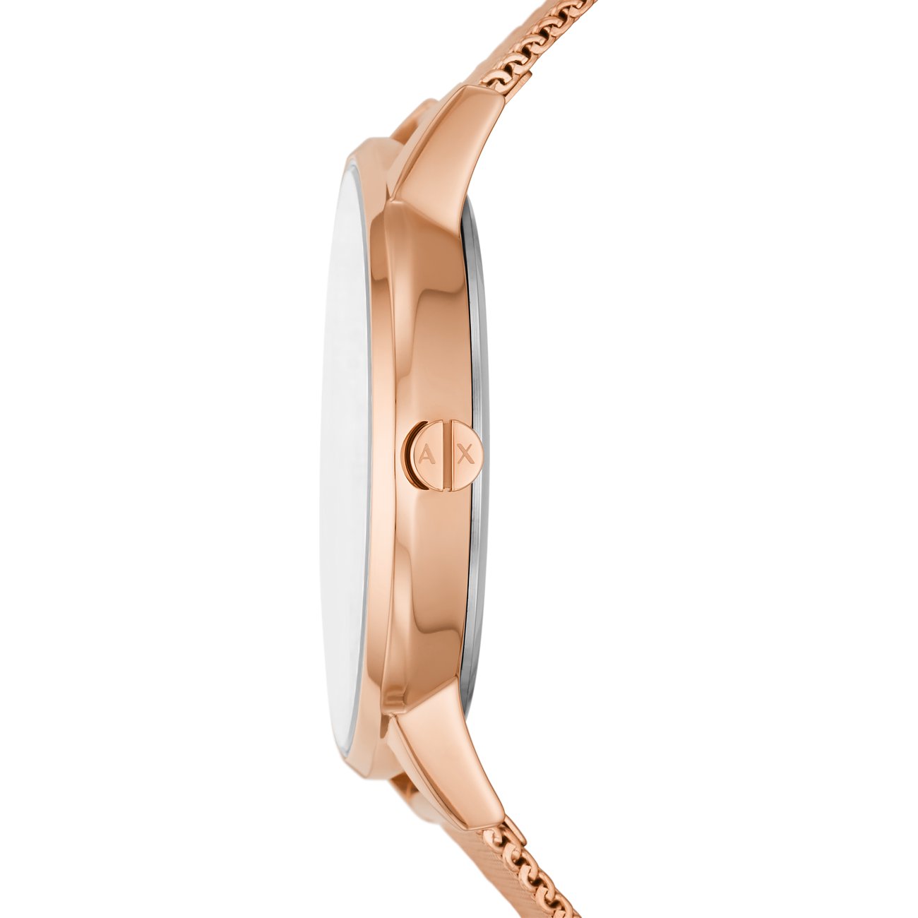 Sidovy av roséguldfärgade Armani Exchange damklocka i rostfritt stål med en vit urtavla.