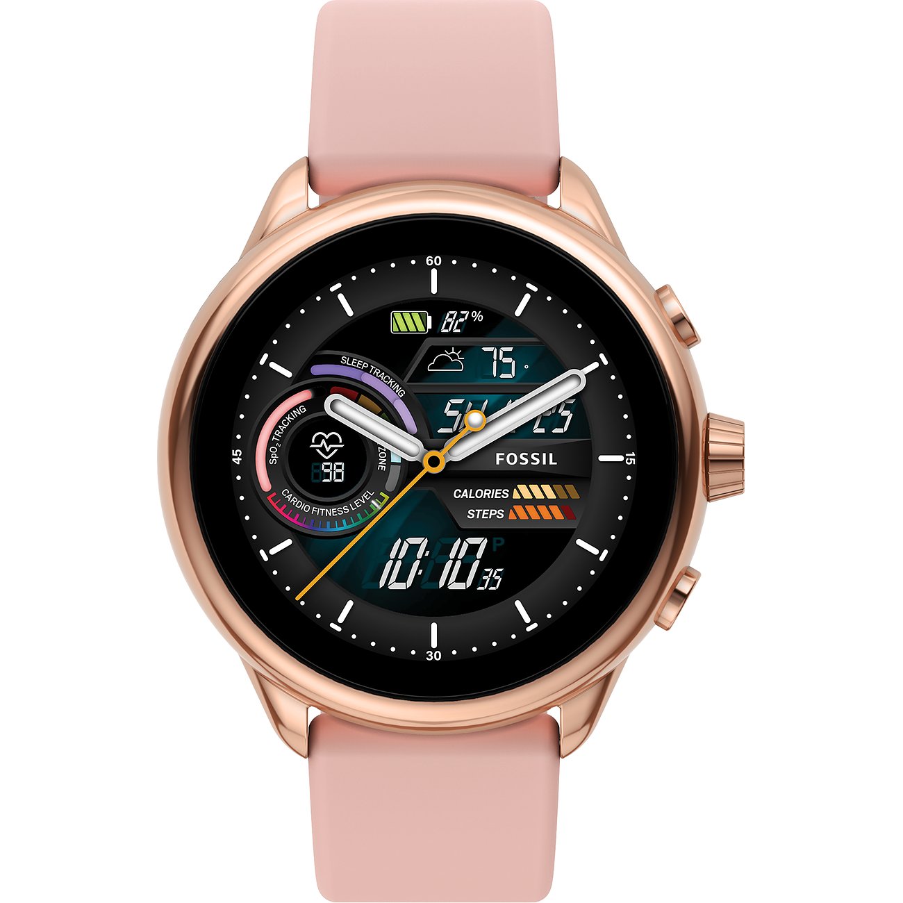 Roségoldene Fossil Edelstahl Smartwatch mit zartrosa Silikonarmband und detailreichem digitalen Zifferblatt.
