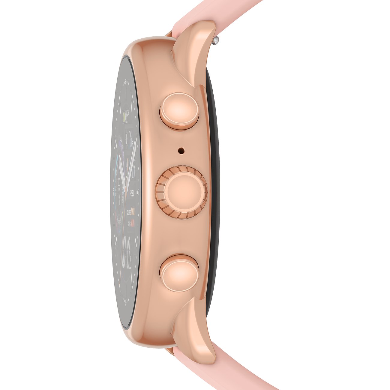 Seitenansicht der Fossil Smartwatch aus roségoldfarbenem Edelstahl mit drei Knöpfen und einem rosa Armband.
