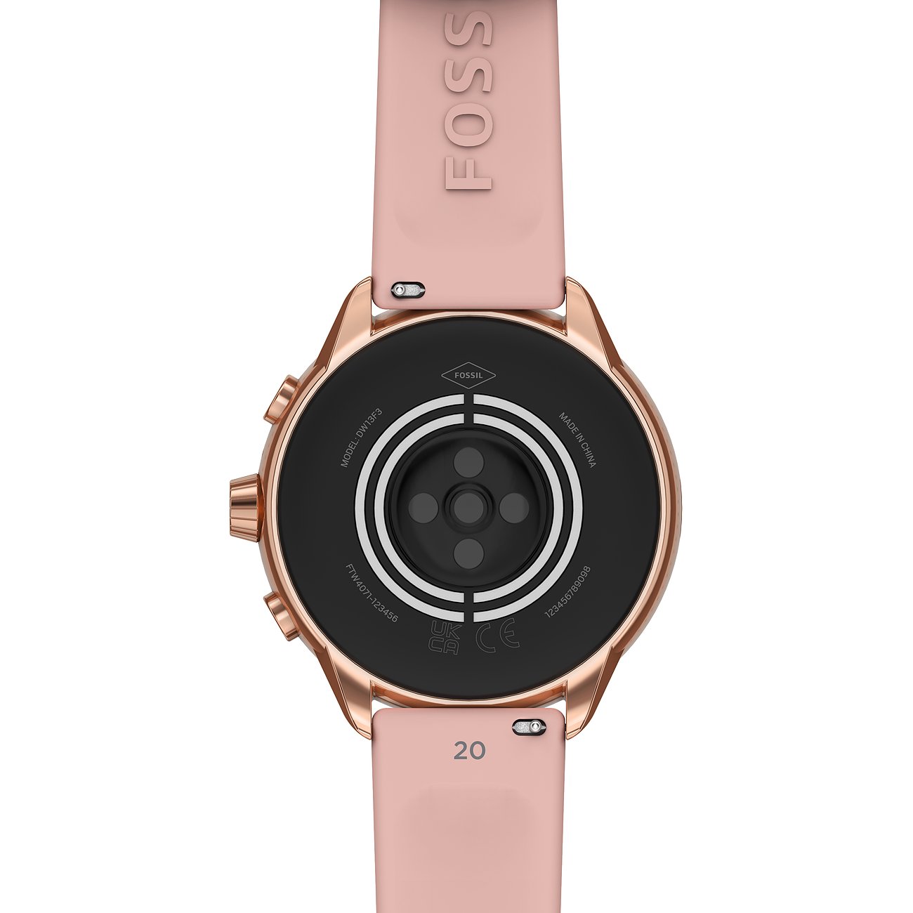 Rückansicht der roségoldenen Fossil Edelstahl Smartwatch mit rosafarbenem Armband, das unten die Zahl 20 zeigt.