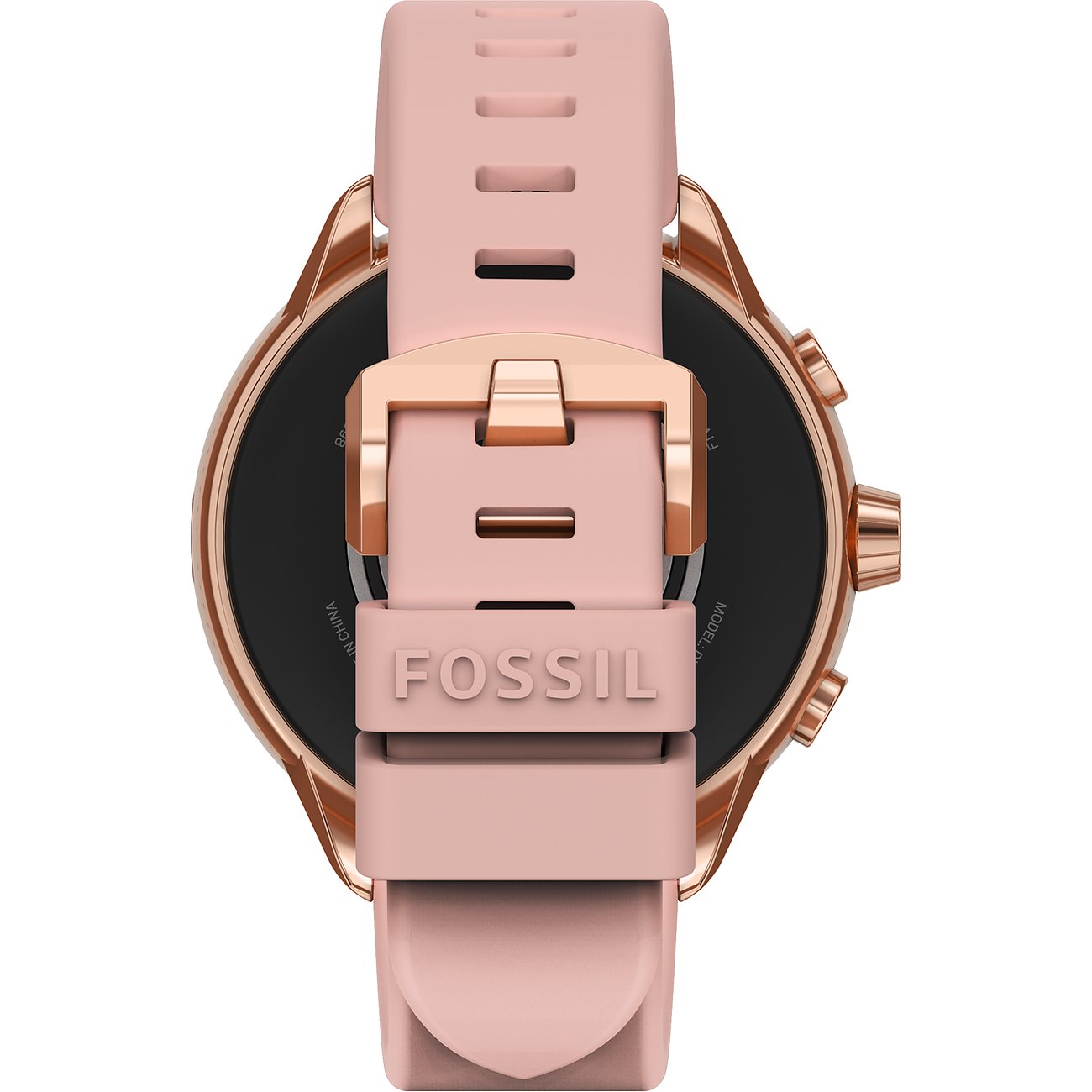 Rückseite einer Fossil Smartwatch aus roségoldfarbenem Edelstahl und mit einem rosa Silikonarmband mit Fossil-Logo.