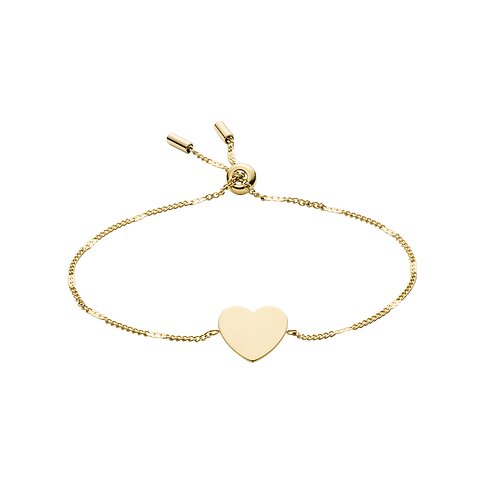 Fossil Armband aus goldfarbenem Edelstahl mit einem herzförmigen Anhänger und verschiebbarem Verschluss.