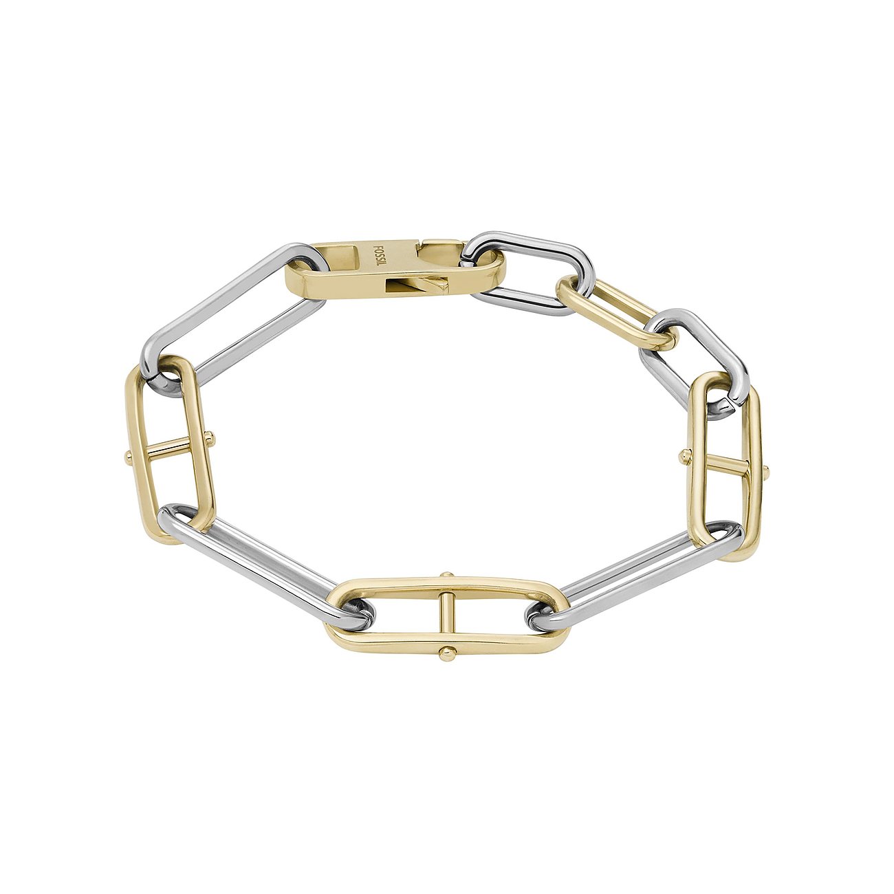 Bracciale Fossil in acciaio inossidabile, bicolore, con catena a maglie e fibbia ad ardiglione.