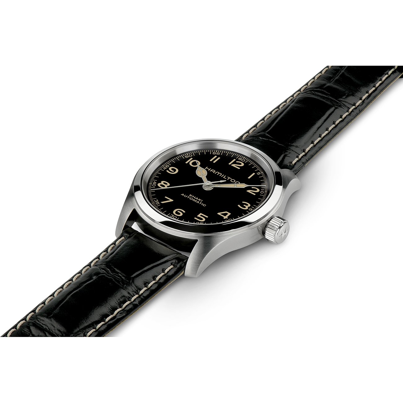 Hamilton Herrenuhr mit Edelstahlgehäuse und schwarzem Zifferblatt.