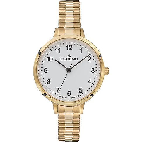 Dugena Damenuhr mit Edelstahlgehäuse, analog, goldfarbenes Gehäuse und Armband.
