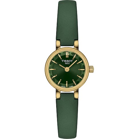Tissot Damenuhr mit goldfarbenem Edelstahlgehäuse und grünem Zifferblatt.