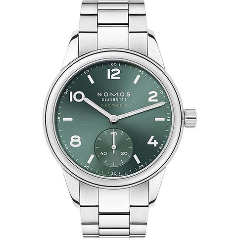Nomos Glashütte Unisexuhr mit Edelstahlgehäuse und grünem Zifferblatt.