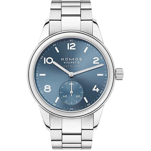 Nomos Glashütte Unisexuhr mit Edelstahlgehäuse, blauem Zifferblatt und kleiner Sekunde.