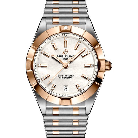 Breitling Damenuhr mit Edelstahlgehäuse, roségoldfarbener Lünette und Diamantindizes.