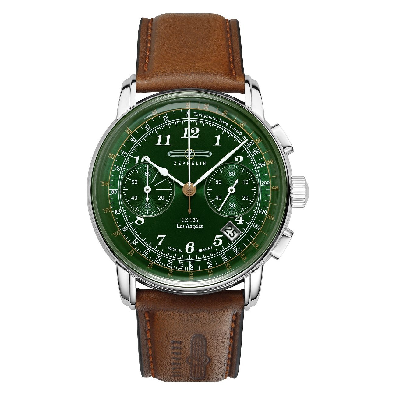 Zeppelin Herrenuhr mit Edelstahlgehäuse, grünem Zifferblatt und braunem Lederarmband.