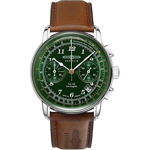 Zeppelin Herrenuhr mit Edelstahlgehäuse, grünem Zifferblatt und braunem Lederarmband.