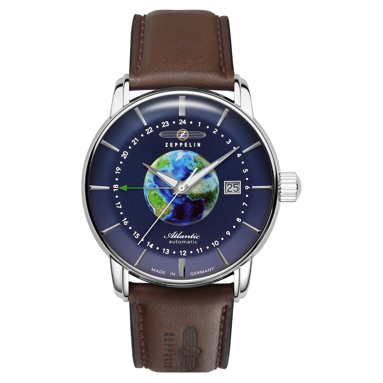 Zeppelin Herrenuhr mit Edelstahlgehäuse, blaues Zifferblatt mit Weltkugel, analog.