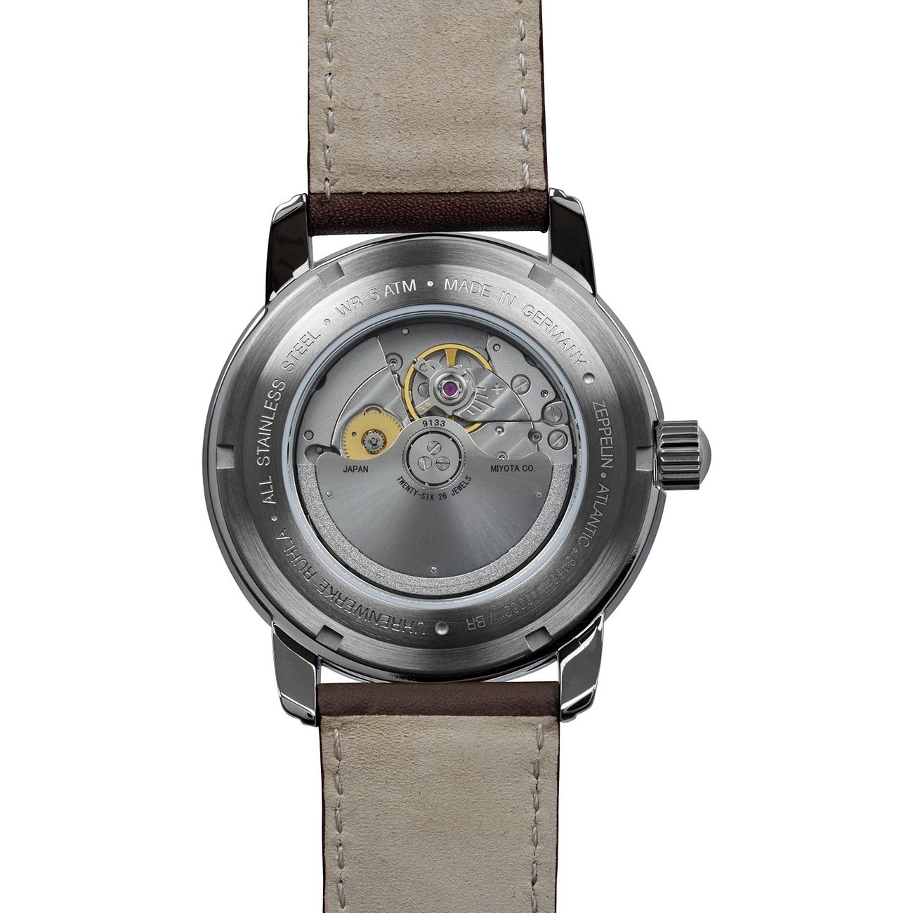 Zeppelin Herrenuhr mit Edelstahlgehäuse und sichtbarem Automatikwerk.