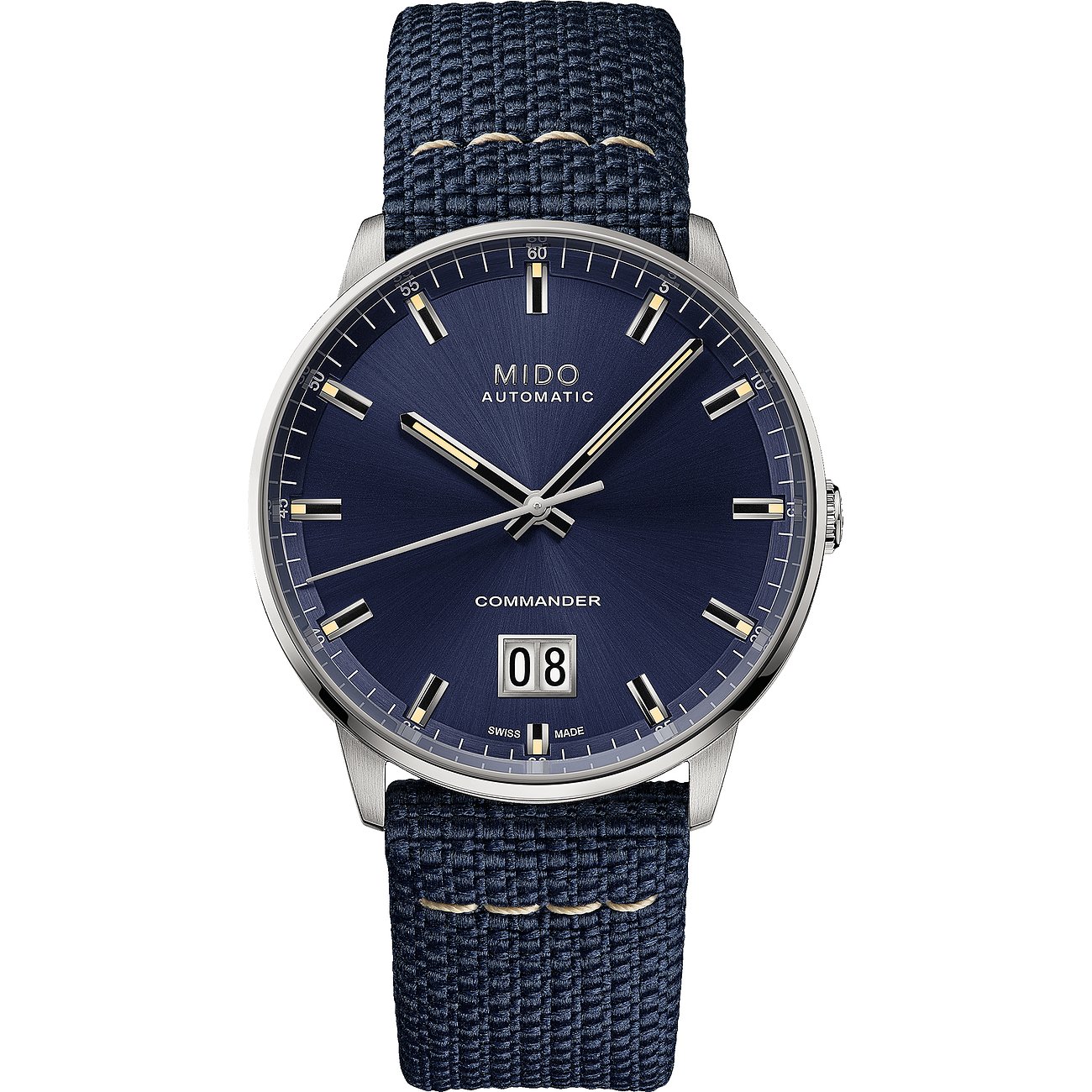 Mido Herrenuhr mit Edelstahlgehäuse, blauem Zifferblatt und Datumsanzeige.