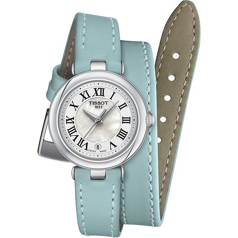 Tissot Damenuhr mit Edelstahlgehäuse, analoger Anzeige und hellblauem Lederarmband.