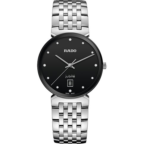 Rado Damenuhr mit Edelstahlgehäuse, schwarzem Zifferblatt und Diamanten.