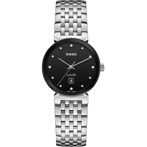 Rado Damenuhr aus Edelstahl mit Diamanten und schwarzem Zifferblatt.