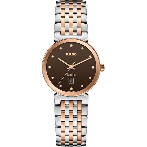 Rado Damenuhr mit Edelstahlgehäuse, bicolor, mit Diamanten und braunem Zifferblatt.