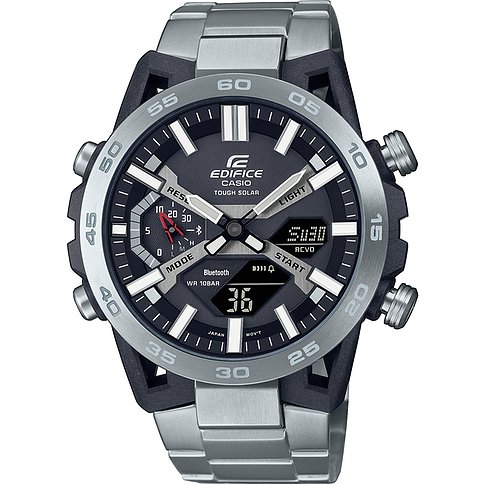 Casio Edifice Herrenuhr aus Edelstahl mit dunklem Zifferblatt und digitalen Anzeigen.