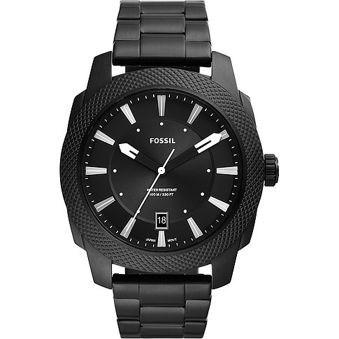 Fossil Herrenuhr mit Edelstahlgehäuse, schwarzes Zifferblatt, analog, mit Datum.