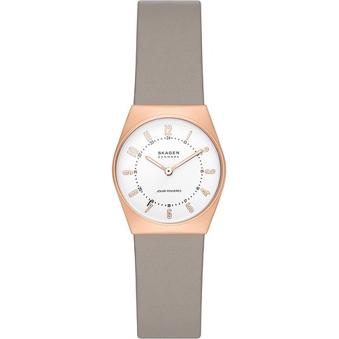 Skagen Damenuhr aus roségoldfarbenem Edelstahl mit weißem Zifferblatt und grauem Armband frontal.