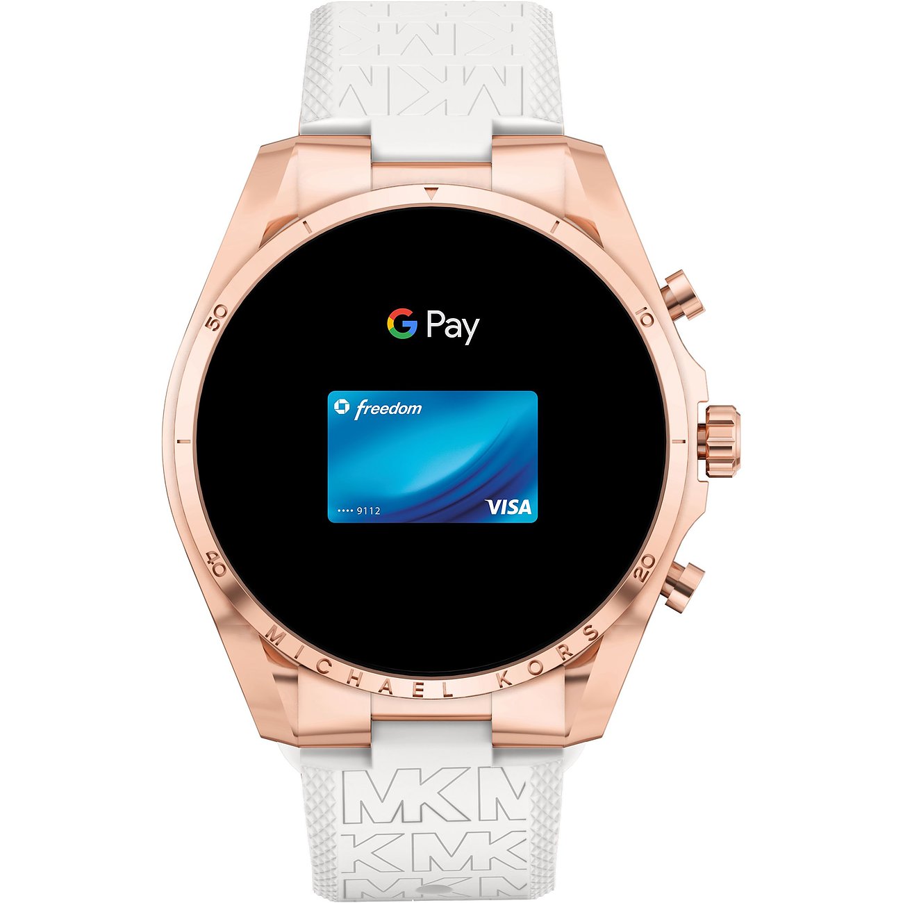 Michael Kors smartwatch i roséguldfärgat rostfritt stål med vitt armband, G Pay visas på displayen.