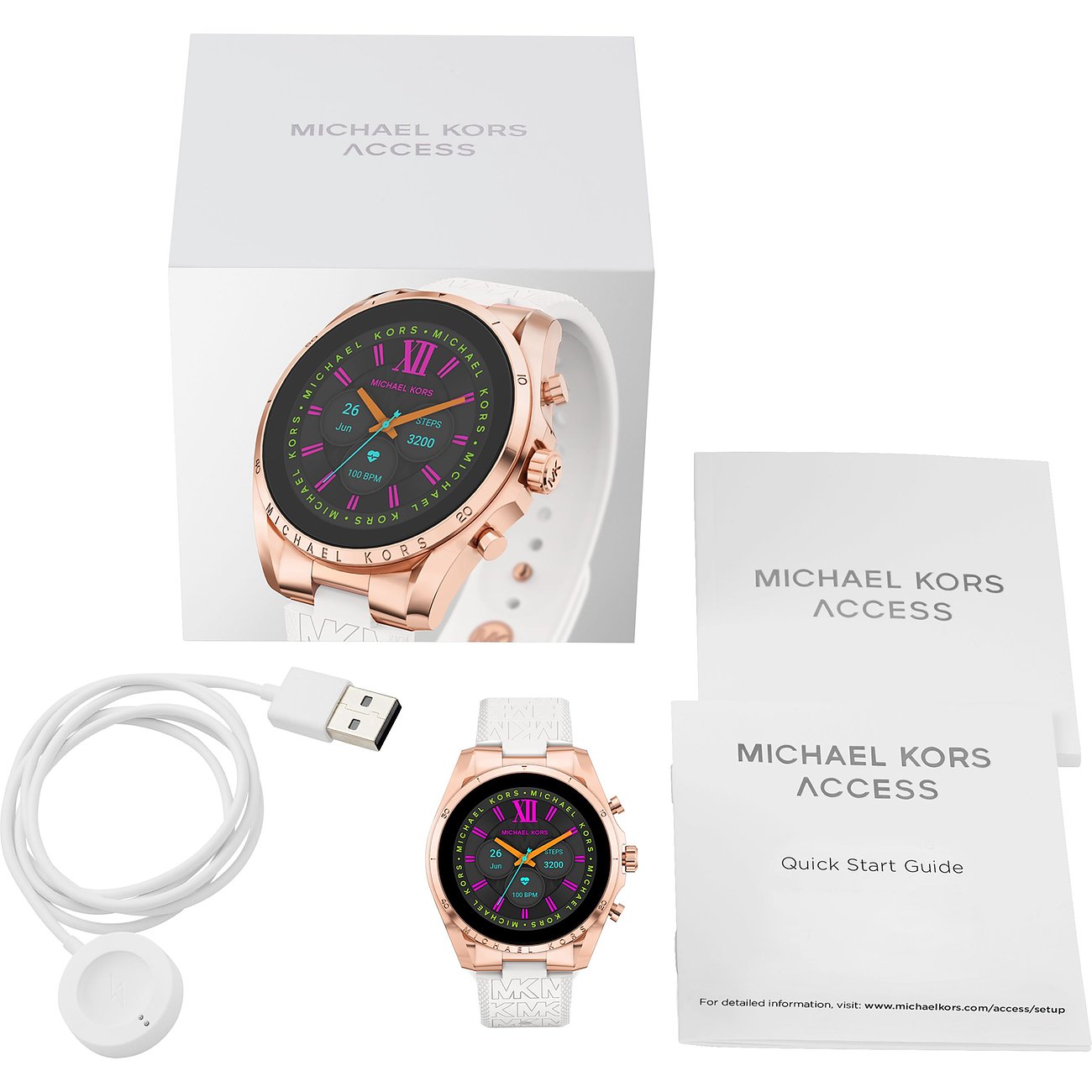 Ett Michael Kors smartwatch-set: roséguld rostfritt stål, vit rem, laddkabel och manualer.