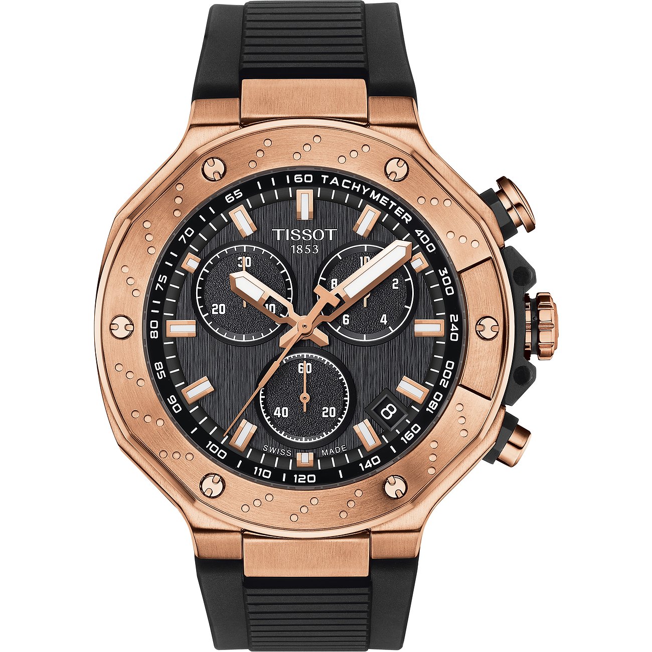 Tissot Herrenuhr mit Edelstahlgehäuse, analog, mit Chronograph und Datum.