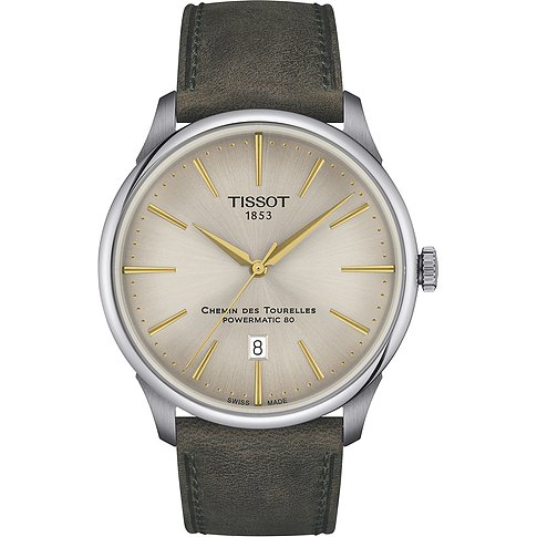 Tissot Herrenuhr mit Edelstahlgehäuse, silberfarbenes Zifferblatt, goldfarbene Zeiger.