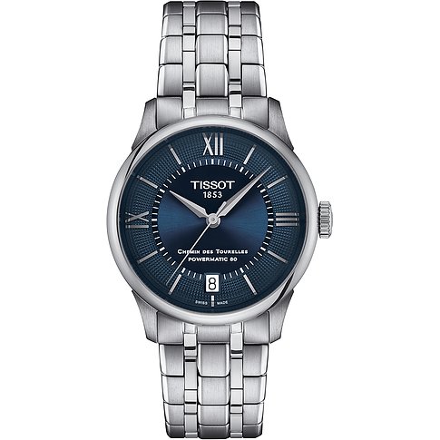 Tissot Damenuhr aus Edelstahl mit blauem Zifferblatt und Datumsanzeige.