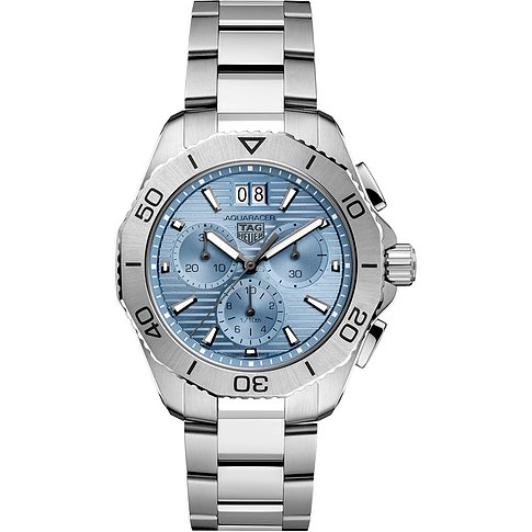 Die TAG Heuer Aquaracer Herrenuhr aus Edelstahl mit blauem Zifferblatt und Chronographenfunktionen.