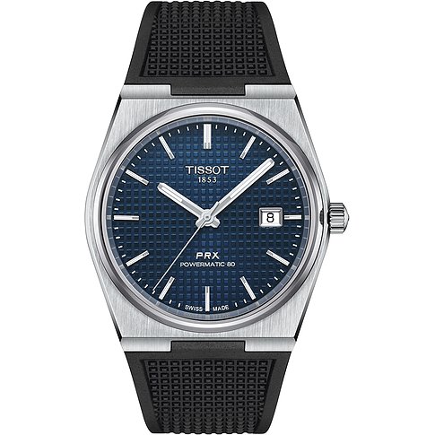 Tissot PRX Powermatic 80 Herrenuhr mit Edelstahlgehäuse und blauem Zifferblatt.