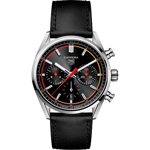 TAG Heuer Carrera Herrenuhr aus Edelstahl mit schwarzem Lederarmband und schwarzem Zifferblatt mit roten Akzenten.