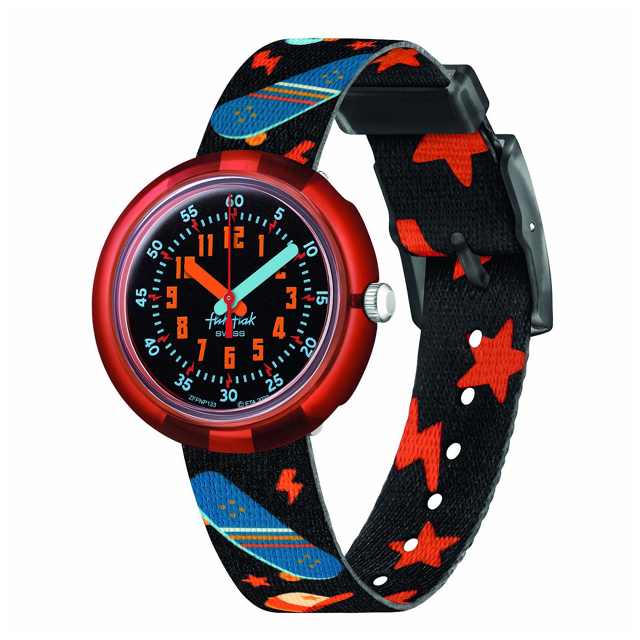 Flik Flak barn-/ungdomsklocka i plast, röd, med svart armband, skateboards och orangea stjärnor.