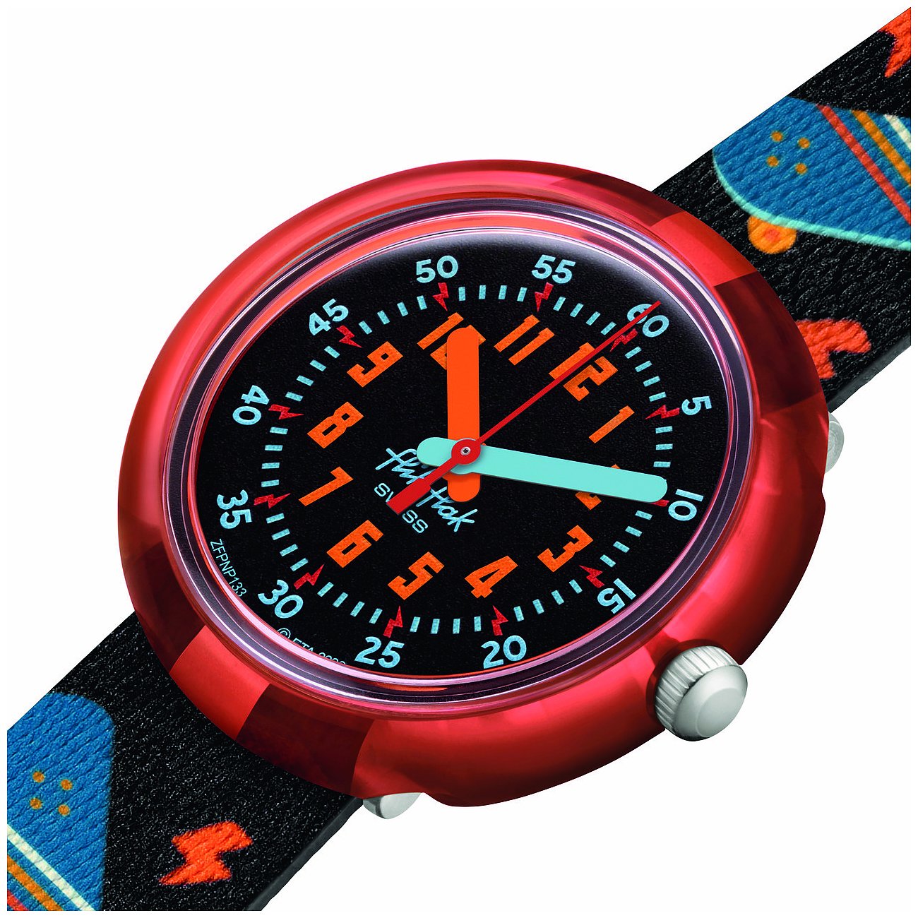 Flik Flak barn-/ungdomsarmbandsur i röd plast med svart urtavla och skateboardmönster på bandet.
