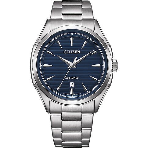 Citizen Herrenuhr mit Edelstahlgehäuse und blauem Zifferblatt.