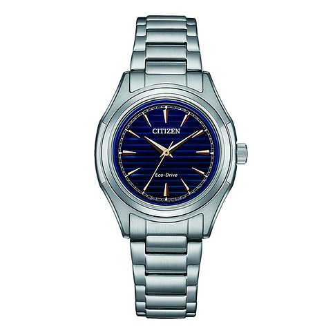 Citizen Damenuhr aus Edelstahl mit blauem Zifferblatt und analoger Anzeige.