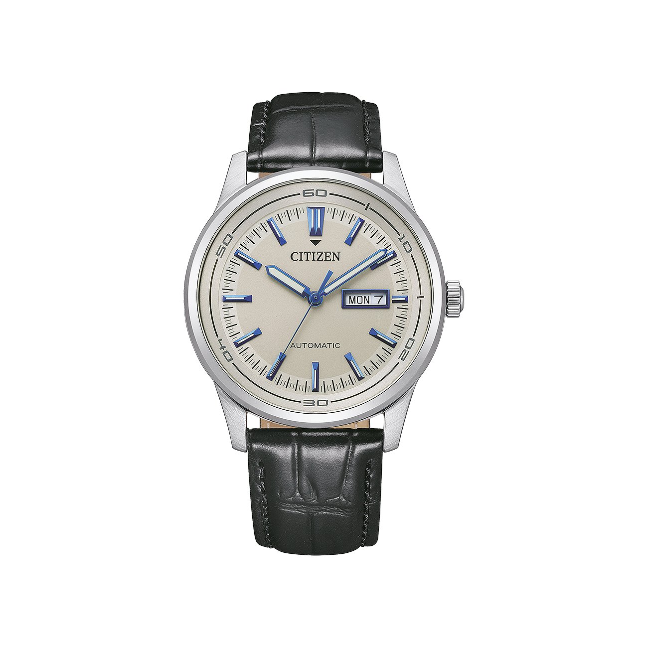 Citizen Herrenuhr aus Edelstahl mit hellem Zifferblatt, blau akzentuierten Zeigern und schwarzem Armband.