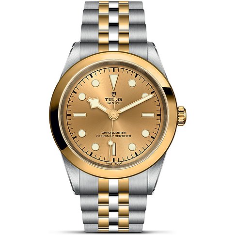 Tudor Herrenuhr mit Edelstahlgehäuse, Gelbgold-Lünette und zweifarbigem Armband.