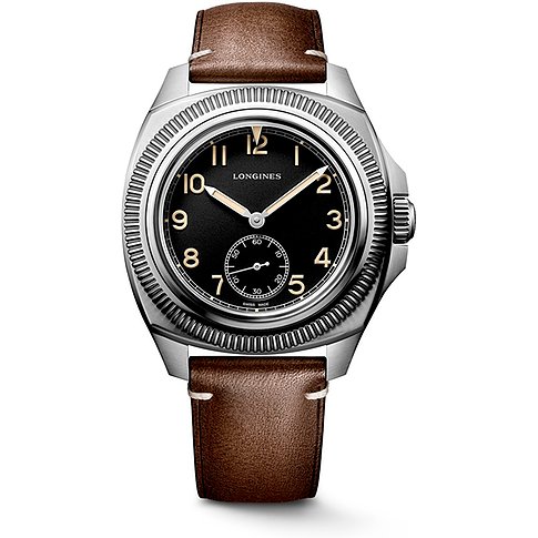 Longines Herrenuhr mit Edelstahlgehäuse, schwarzem Zifferblatt und braunem Lederarmband.