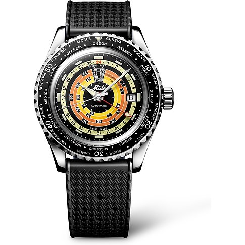 Mido Multifort Herrenuhr mit Edelstahlgehäuse, schwarzem Zifferblatt und Weltzeitfunktion.