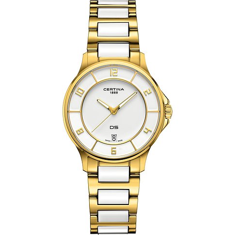 Certina Damenuhr mit Edelstahlgehäuse, goldfarben, analog, mit Datum.