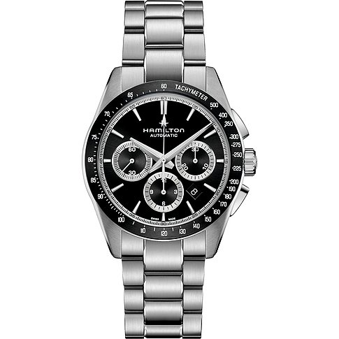 Hamilton Herrenuhr aus Edelstahl mit dunklem Zifferblatt, drei Hilfszifferblättern und Datumsanzeige.