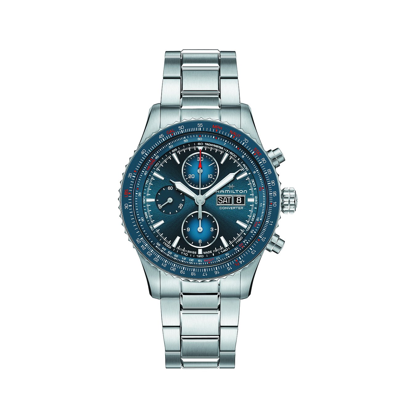 Hamilton Herrenuhr aus Edelstahl mit blauem Zifferblatt und Chronographenfunktionen, frontal aufgenommen.