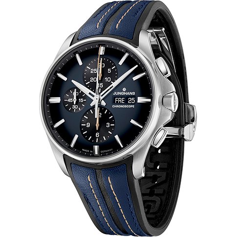 Junghans Chronoscope Herrenuhr mit Edelstahlgehäuse, blauem Zifferblatt und Lederarmband.