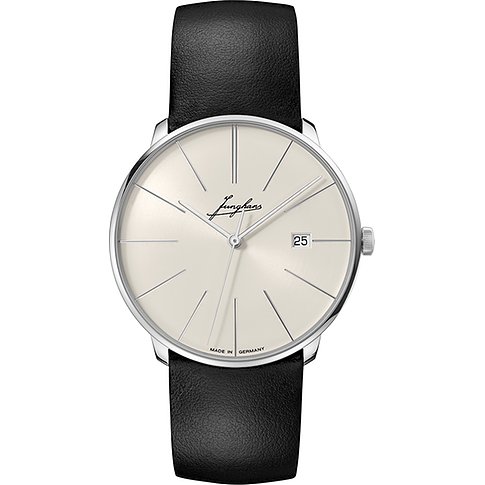 Junghans Herrenuhr mit Edelstahlgehäuse, cremefarbenem Zifferblatt und schwarzem Lederarmband.