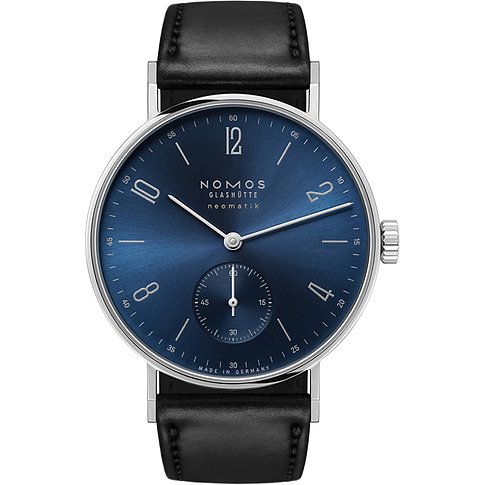 Nomos Glashütte Unisexuhr mit Edelstahlgehäuse, blauem Zifferblatt und analoger Anzeige.