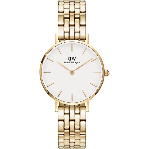 En guldfärgad Daniel Wellington damklocka i rostfritt stål framifrån, med vit urtavla och guldiga visare.