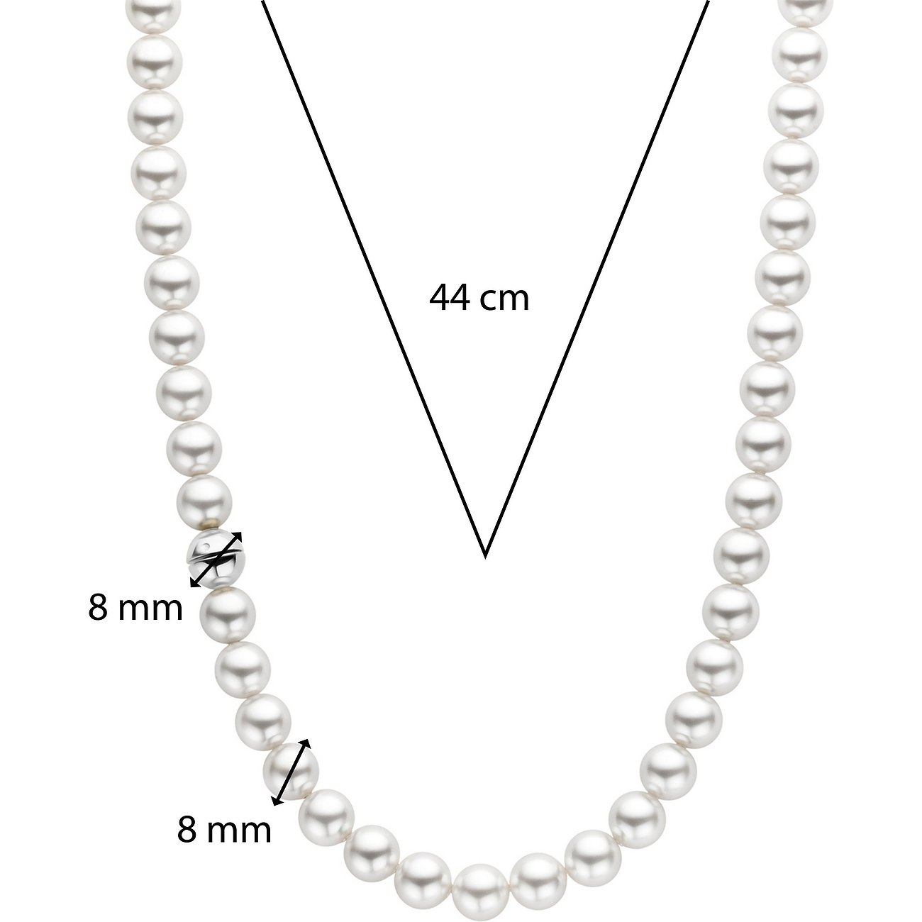 Ti Sento - Milano 925er Silber Perlenschmuckkette mit Messangaben für Länge und Perlendurchmesser.
