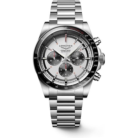 Longines Conquest Herrenuhr mit Edelstahlgehäuse, silbernem Zifferblatt und Keramiklünette.